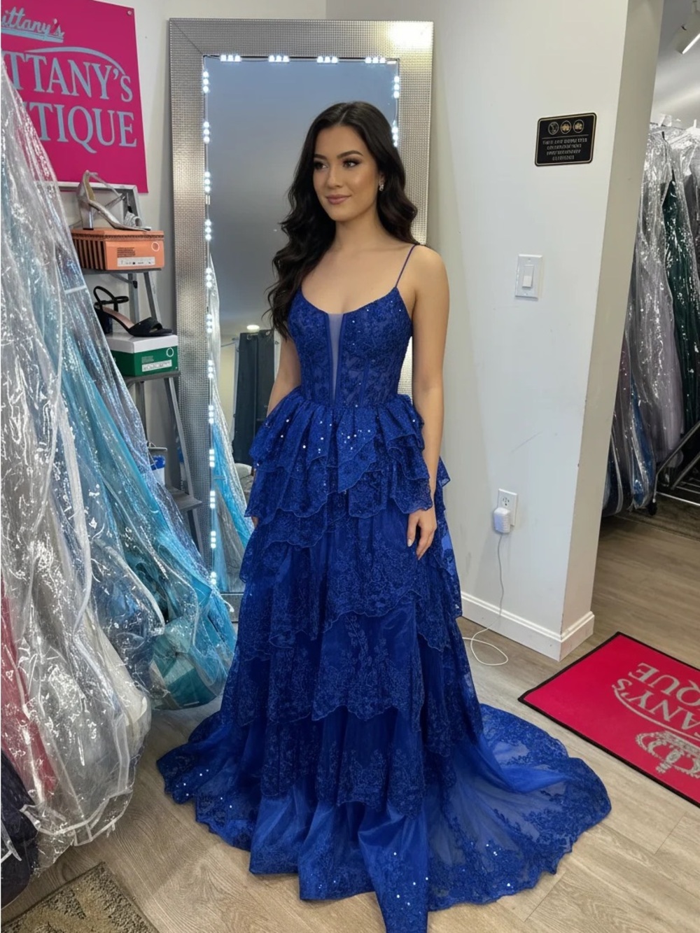 Jovani Royal Blue Tiered Lace Prom Gown